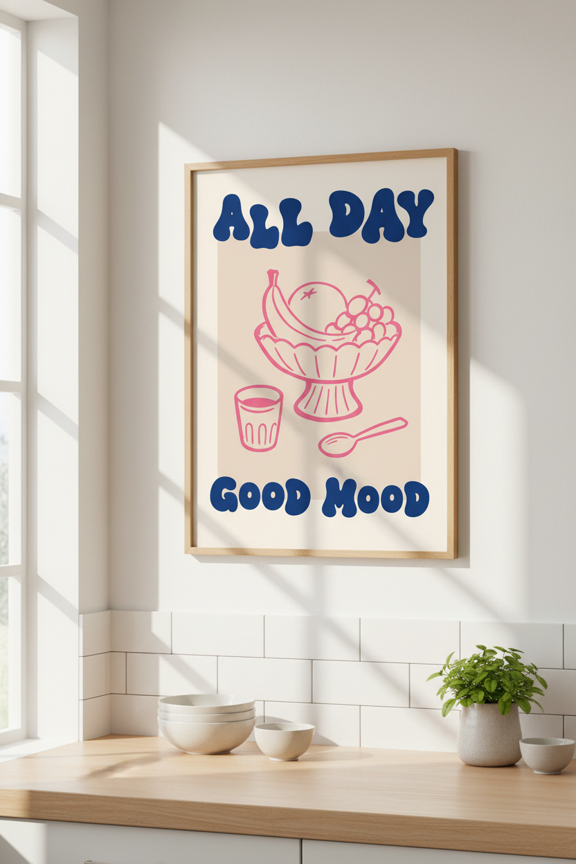 Retro Kitchen Poster | Pink and Blue Fruit Bowl Wall Art | Aesthetic Dining Room Decor
