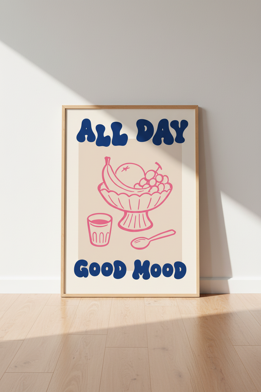 Retro Kitchen Poster | Pink and Blue Fruit Bowl Wall Art | Aesthetic Dining Room Decor