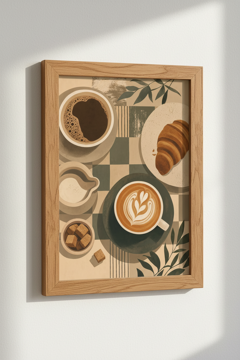 Coffee &amp; Croissant Wall Art | Sage Green Kitchen Decor | Modern Cafe Poster