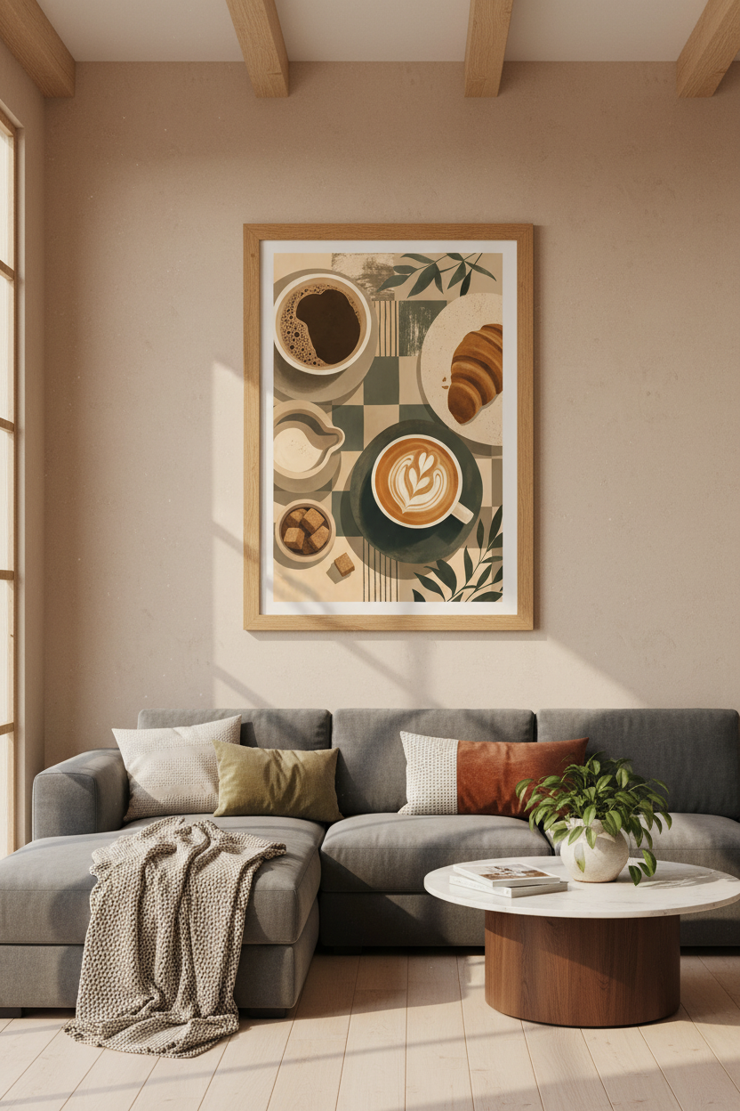 Coffee &amp; Croissant Wall Art | Sage Green Kitchen Decor | Modern Cafe Poster