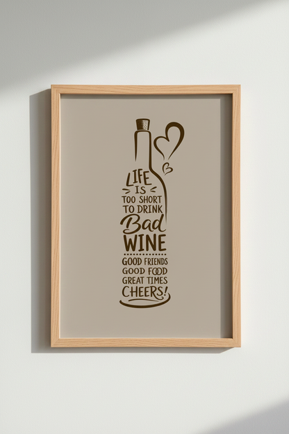 Funny Wine Quote Wall Art | Kitchen &amp; Bar Decor | Brown Minimalist Poster