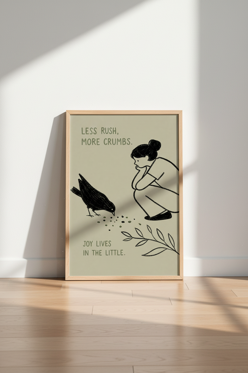 Slow Living Wall Art | Minimalist Bird Illustration Print, Sage Green Zen Decor
