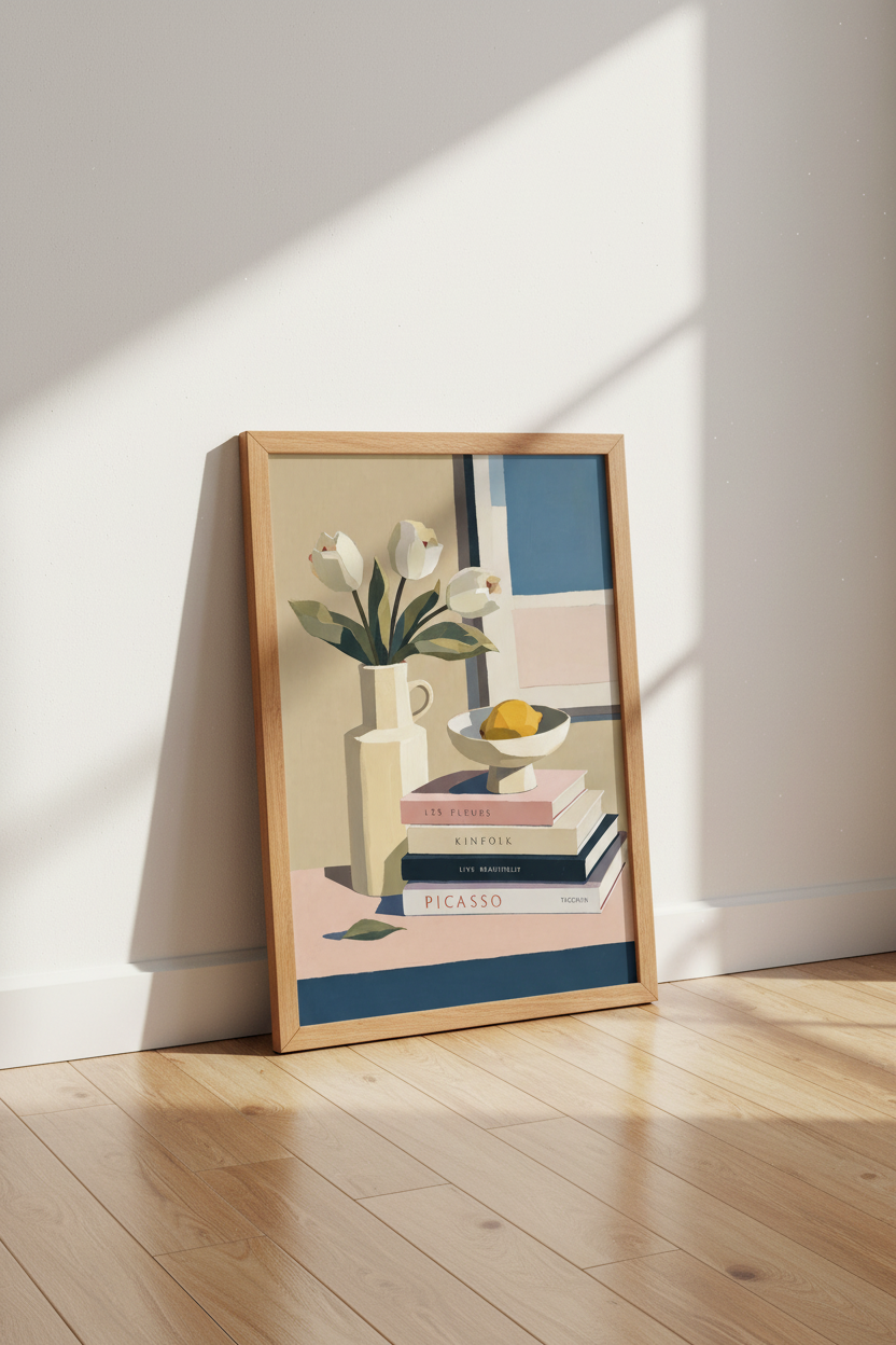 Still Life Bookstack Wall Art Print | Minimalist Floral Decor | Pastel Aesthetic Poster