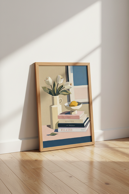 Still Life Bookstack Wall Art Print | Minimalist Floral Decor | Pastel Aesthetic Poster