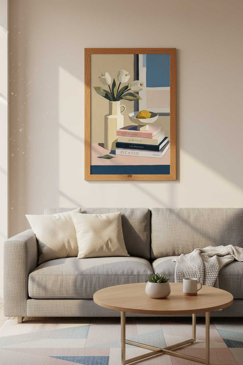 Still Life Bookstack Wall Art Print | Minimalist Floral Decor | Pastel Aesthetic Poster