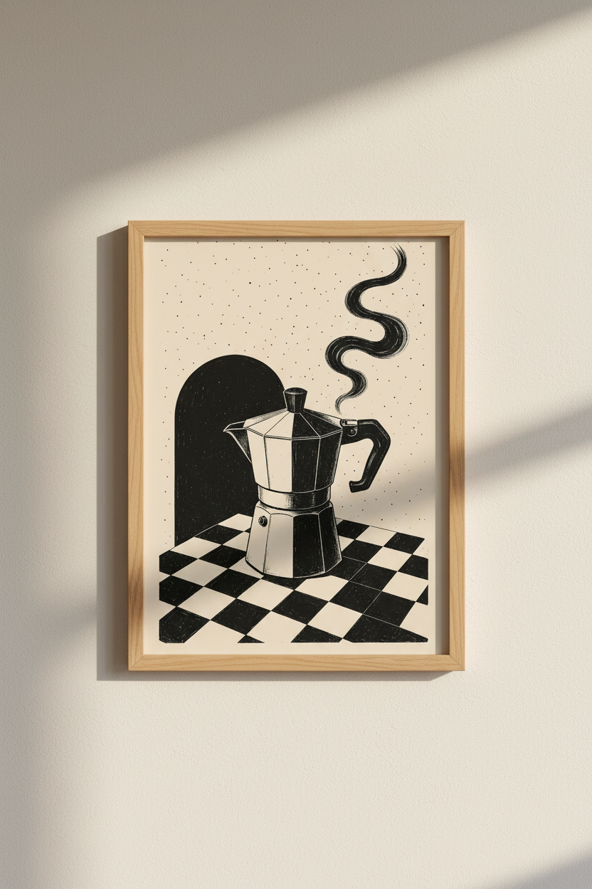 Moka Pot Coffee Wall Art | Retro Black and White Print, Kitchen Cafe Decor