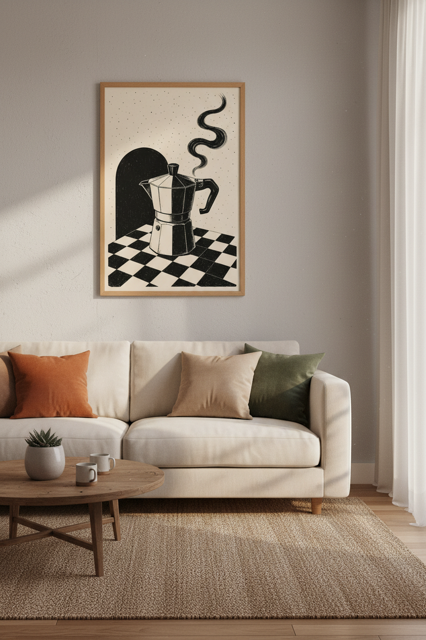 Moka Pot Coffee Wall Art | Retro Black and White Print, Kitchen Cafe Decor