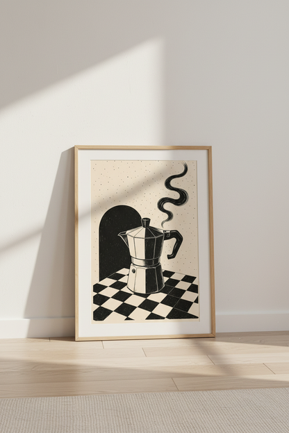 Moka Pot Coffee Wall Art | Retro Black and White Print, Kitchen Cafe Decor