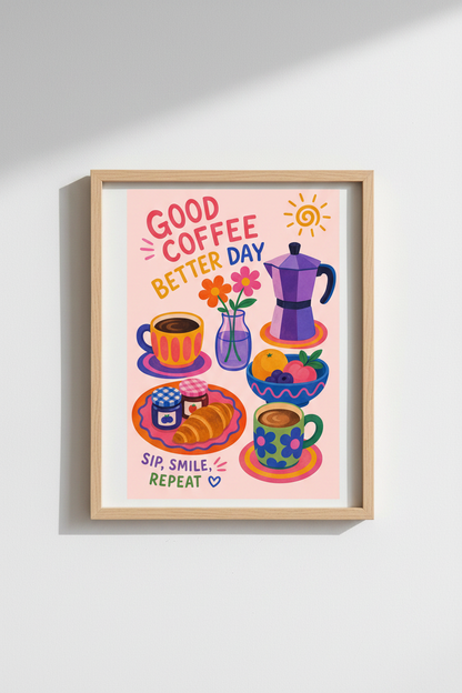Danish Pastel Coffee Print | Kitchen Wall Art | Colorful Retro Breakfast Poster