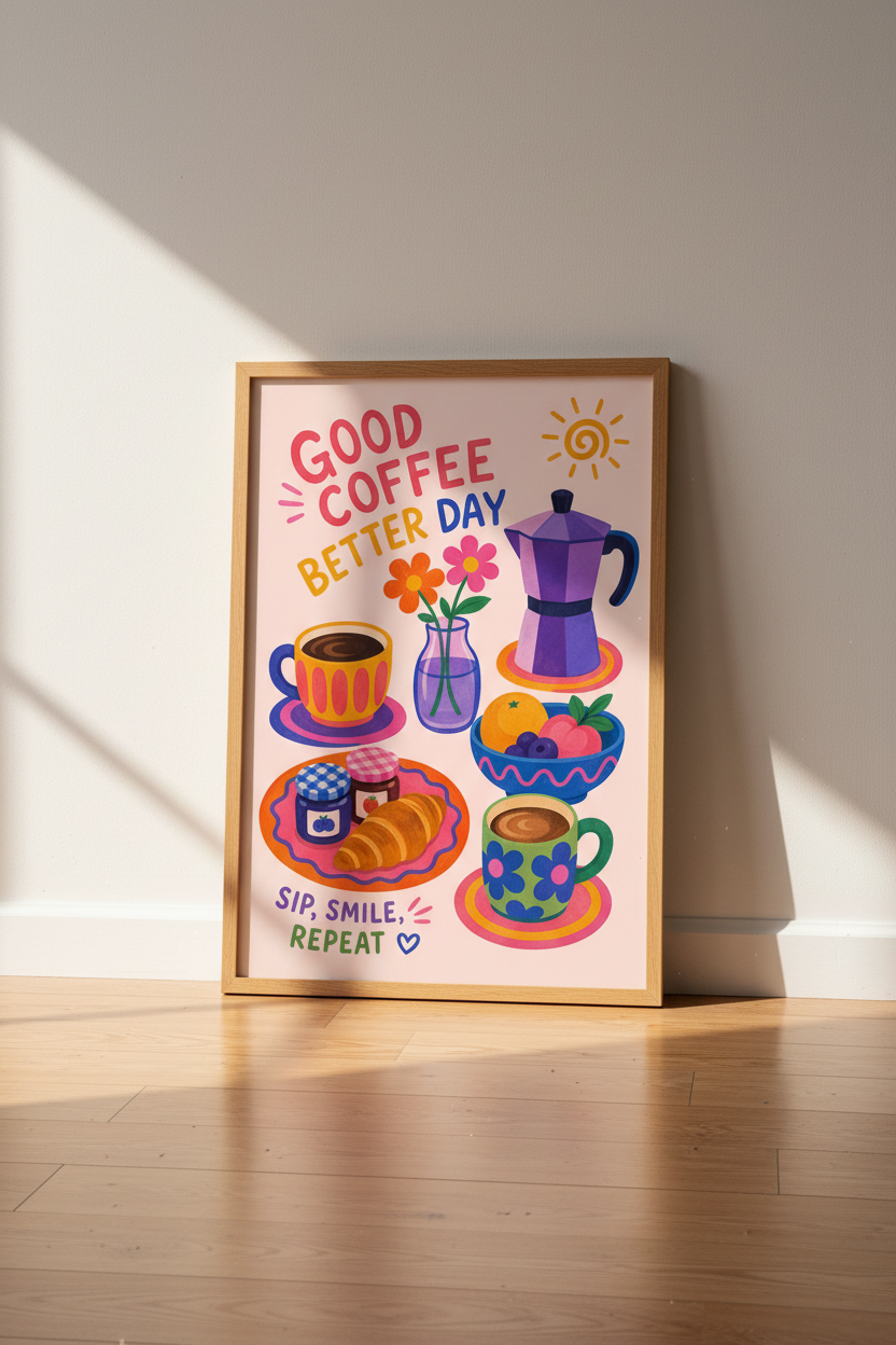 Danish Pastel Coffee Print | Kitchen Wall Art | Colorful Retro Breakfast Poster
