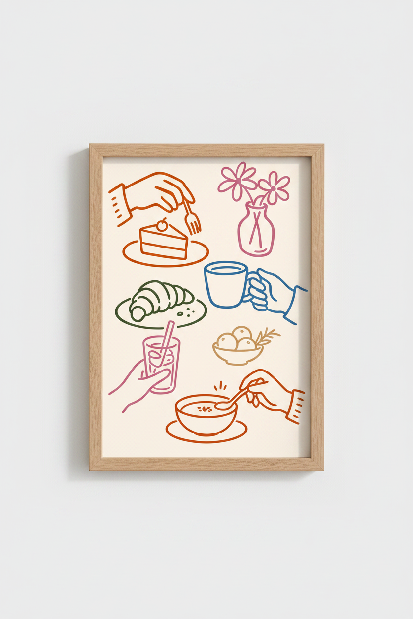Breakfast wall art | Line-drawn kitchen scene, warm hues | Dining room decor