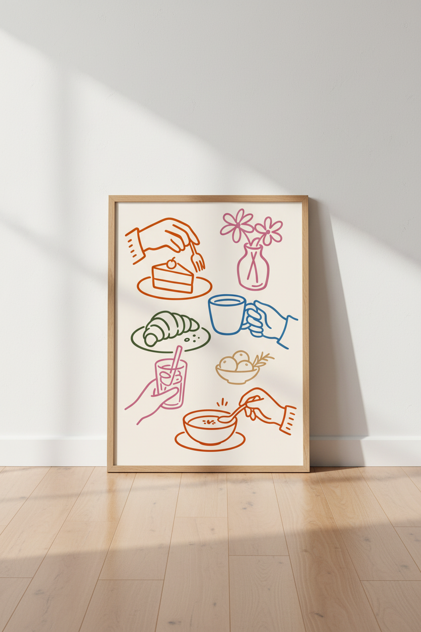 Breakfast wall art | Line-drawn kitchen scene, warm hues | Dining room decor