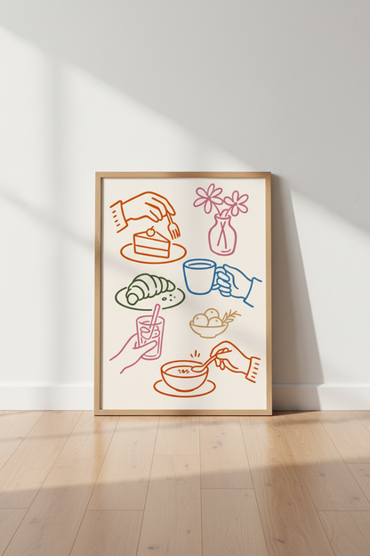 Breakfast wall art | Line-drawn kitchen scene, warm hues | Dining room decor