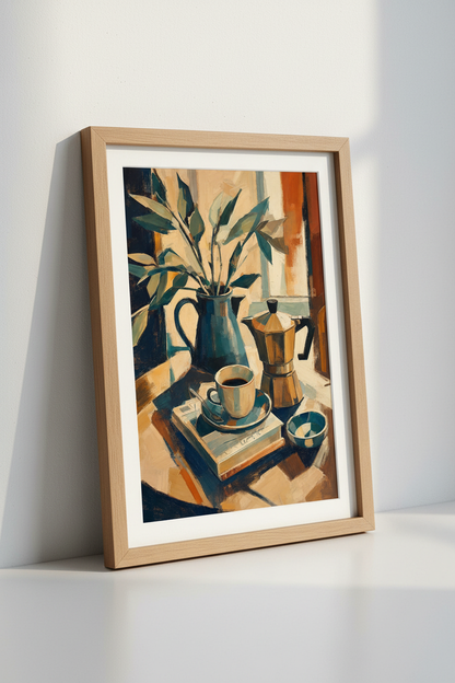 Morning Coffee Still Life | Moka Pot &amp; Botanical Art, Kitchen Wall Decor