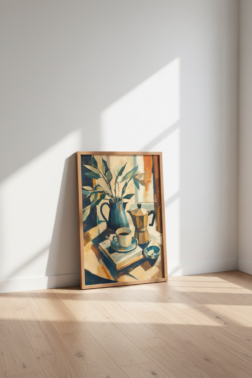 Morning Coffee Still Life | Moka Pot &amp; Botanical Art, Kitchen Wall Decor