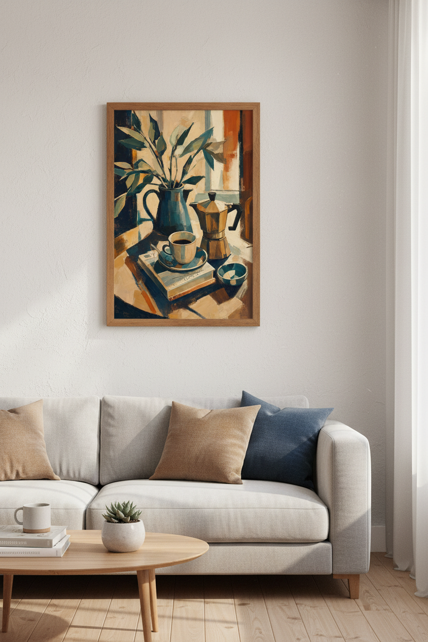 Morning Coffee Still Life | Moka Pot &amp; Botanical Art, Kitchen Wall Decor