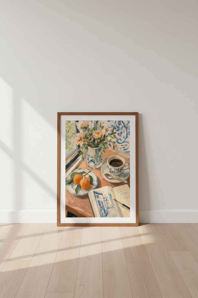 Morning Coffee &amp; Peaches Paint | Blue White Ceramic, Kitchen Wall Art Decor