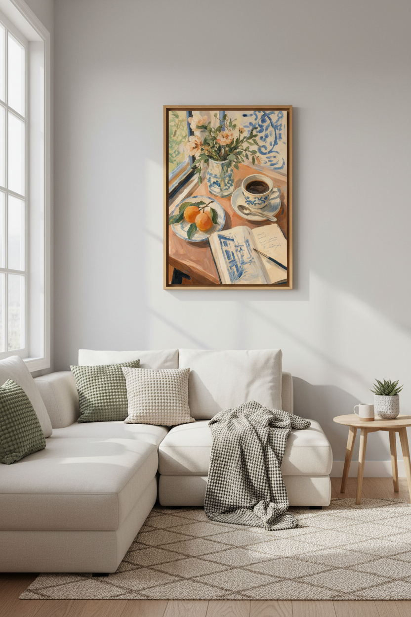 Morning Coffee &amp; Peaches Paint | Blue White Ceramic, Kitchen Wall Art Decor