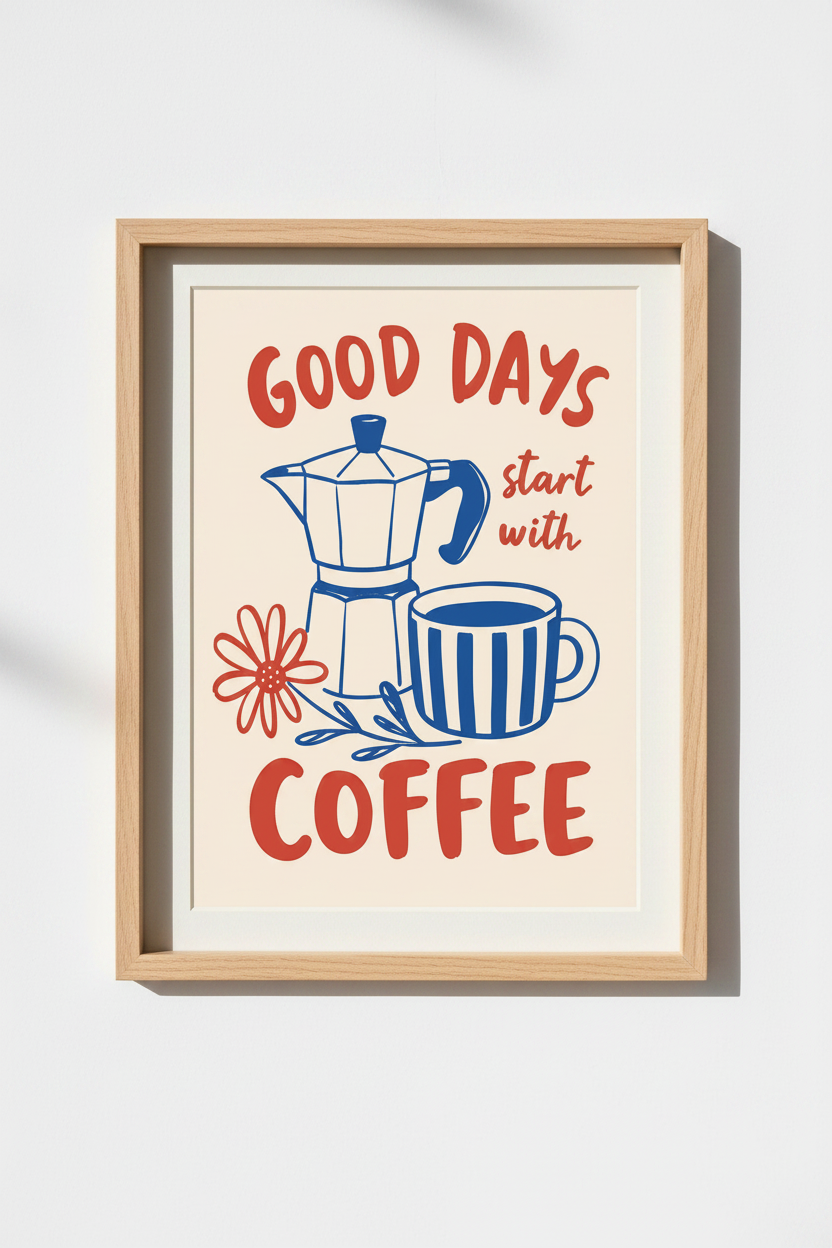 coffee wall art | Retro Moka Pot &amp; Mug Illustration | Kitchen Decor | Cozy Café Poster
