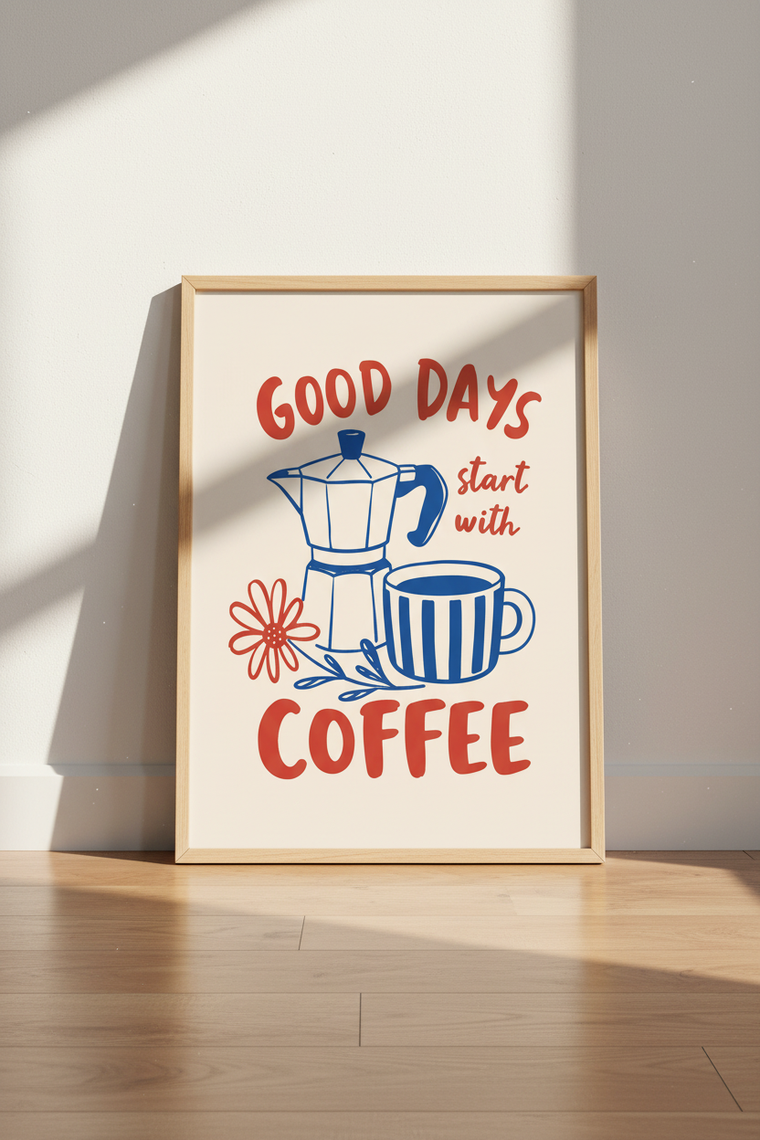 coffee wall art | Retro Moka Pot &amp; Mug Illustration | Kitchen Decor | Cozy Café Poster