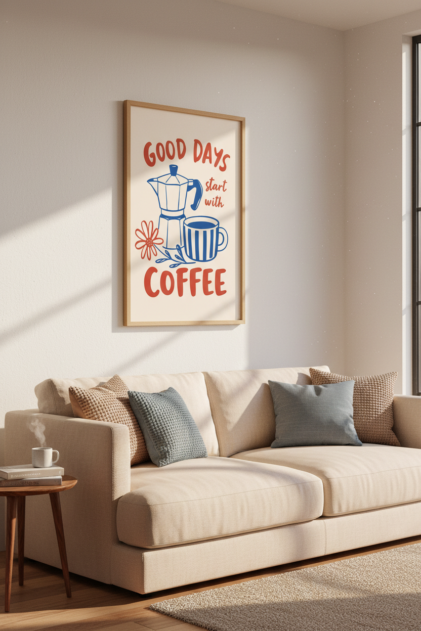 coffee wall art | Retro Moka Pot &amp; Mug Illustration | Kitchen Decor | Cozy Café Poster
