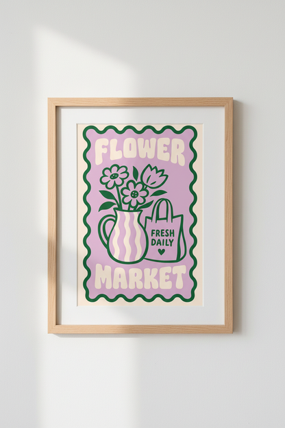 Retro Flower Market Poster | Purple &amp; Green Floral Decor | Danish Pastel Wall Art