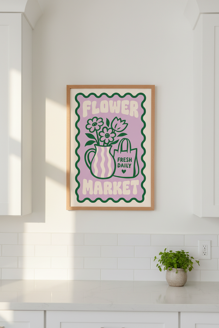 Retro Flower Market Poster | Purple &amp; Green Floral Decor | Danish Pastel Wall Art
