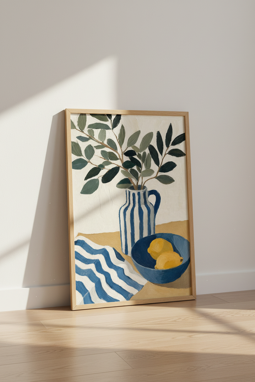 Mediterranean Still Life | Blue Stripes &amp; Lemons Art Print, Kitchen Decor Aesthetic