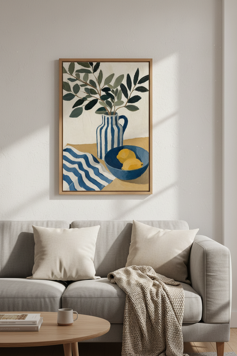 Mediterranean Still Life | Blue Stripes &amp; Lemons Art Print, Kitchen Decor Aesthetic