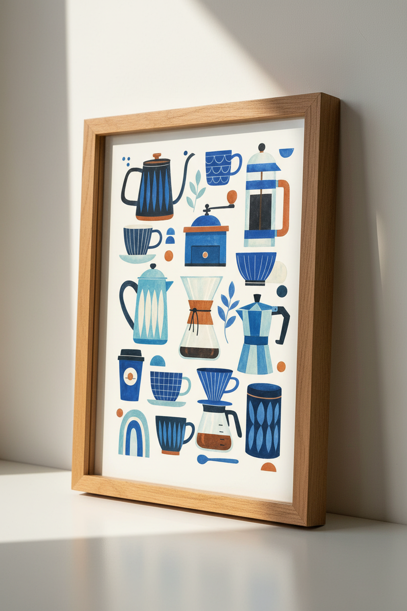 Mid-Century Coffee Gear Art | Blue Kitchen Wall Decor, Modern Brewing Poster