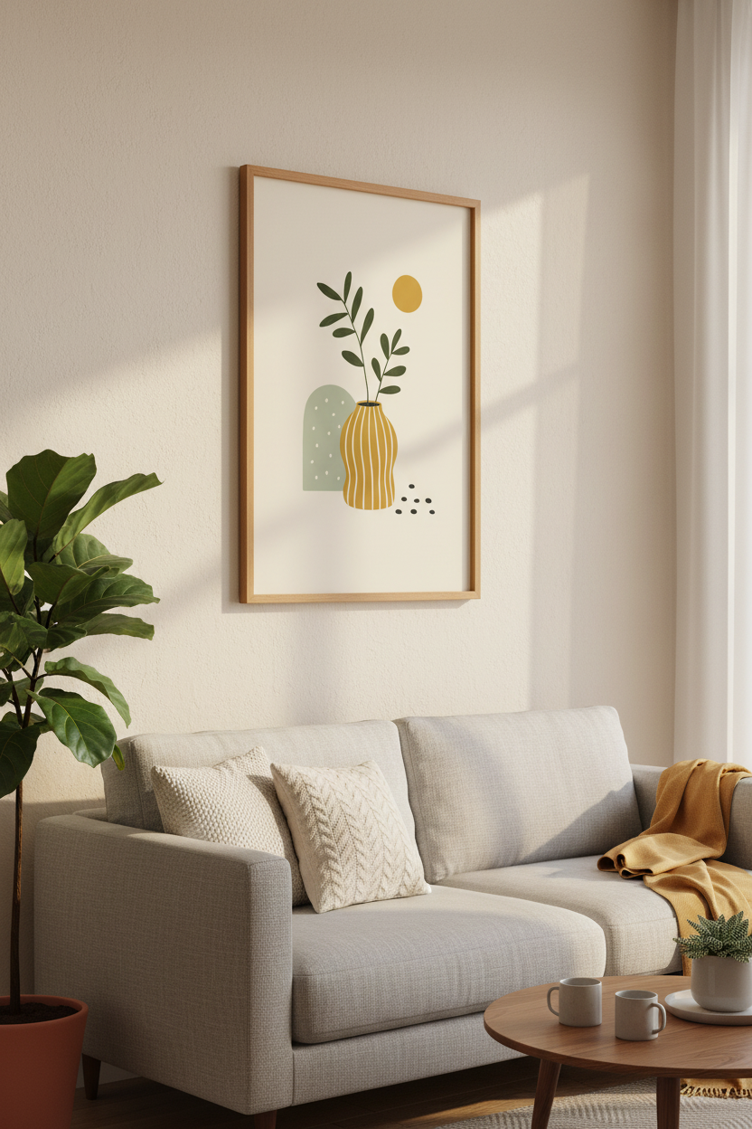 Boho Botanical Vase Wall Art | Minimalist Earth Tone Print | Sage &amp; Mustard Room Decor