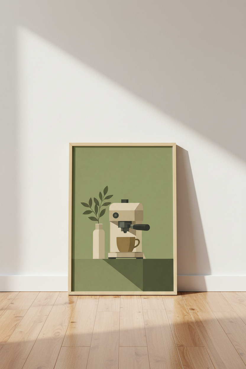 Minimalist Espresso Machine Print | Sage Green Kitchen Decor | Modern Cafe Poster