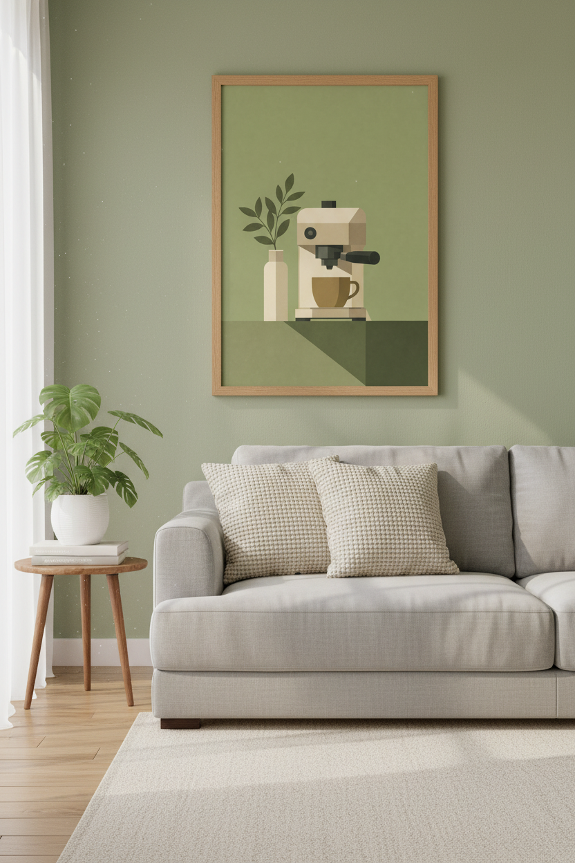 Minimalist Espresso Machine Print | Sage Green Kitchen Decor | Modern Cafe Poster