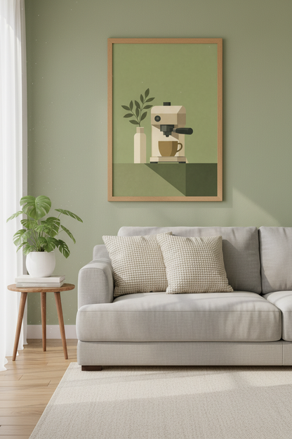 Minimalist Espresso Machine Print | Sage Green Kitchen Decor | Modern Cafe Poster
