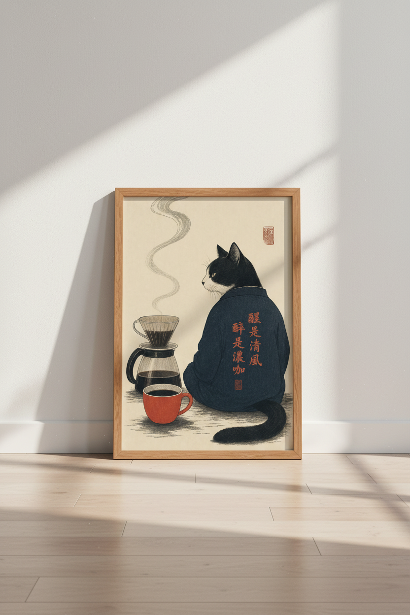 Japanese Cat Coffee Art Print | Kitchen Decor | Ukiyo-e Aesthetic Poster