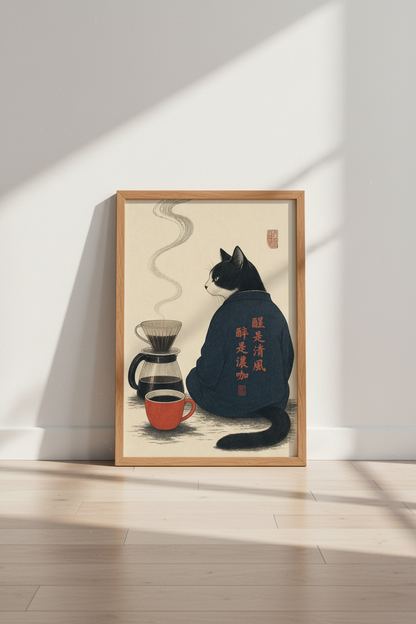 Japanese Cat Coffee Art Print | Kitchen Decor | Ukiyo-e Aesthetic Poster