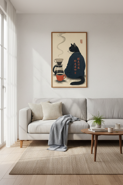 Japanese Cat Coffee Art Print | Kitchen Decor | Ukiyo-e Aesthetic Poster