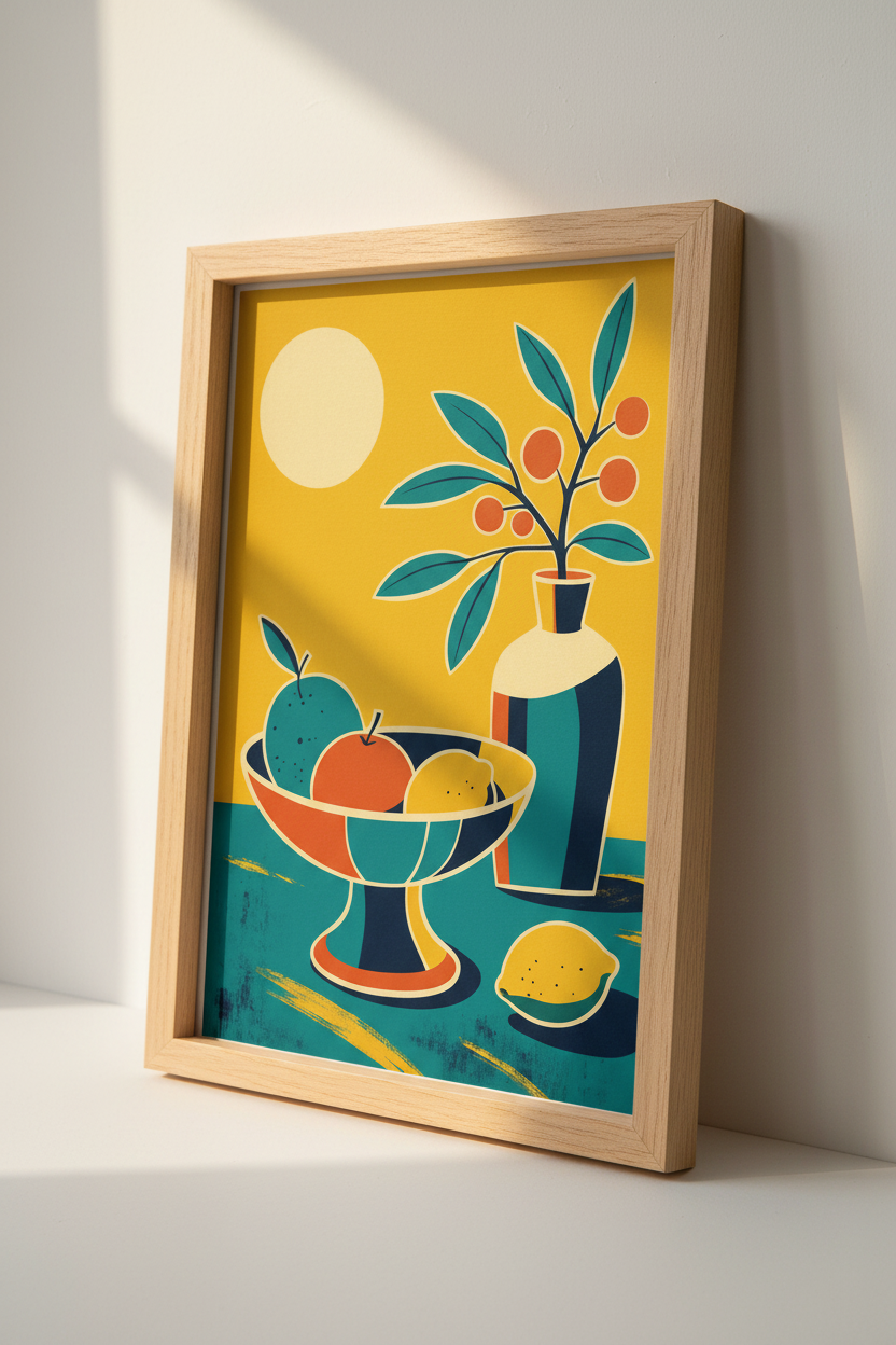 Modern Fruit Still Life Wall Art | Teal &amp; Yellow MCM Decor, Kitchen Poster