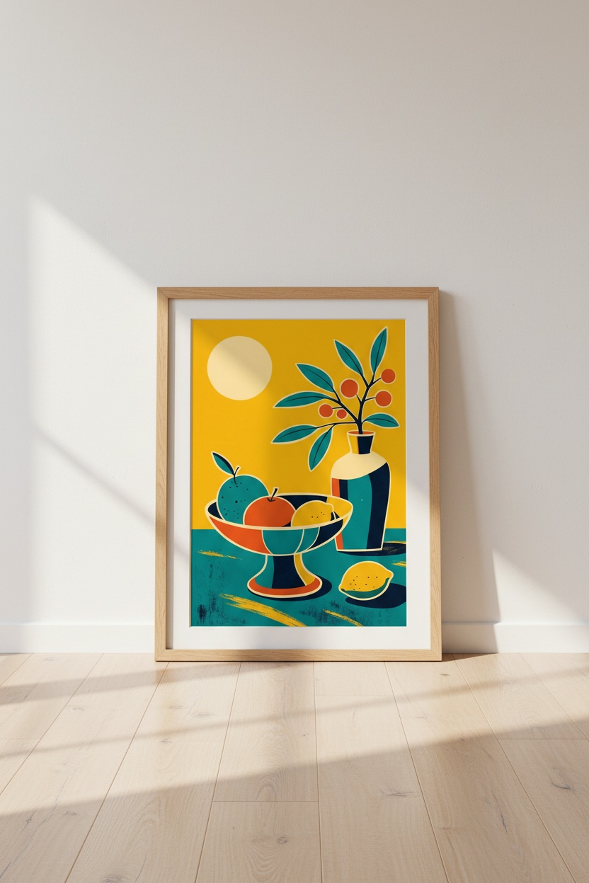 Modern Fruit Still Life Wall Art | Teal &amp; Yellow MCM Decor, Kitchen Poster