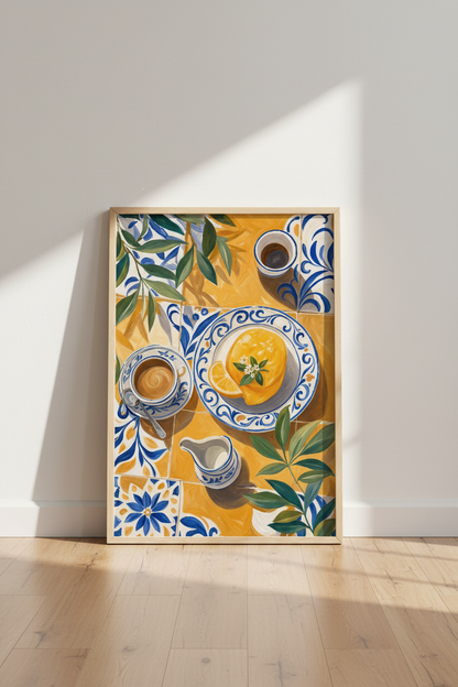 Mediterranean Lemon &amp; Coffee Wall Art Print | Kitchen Decor | Italian Still Life Poster