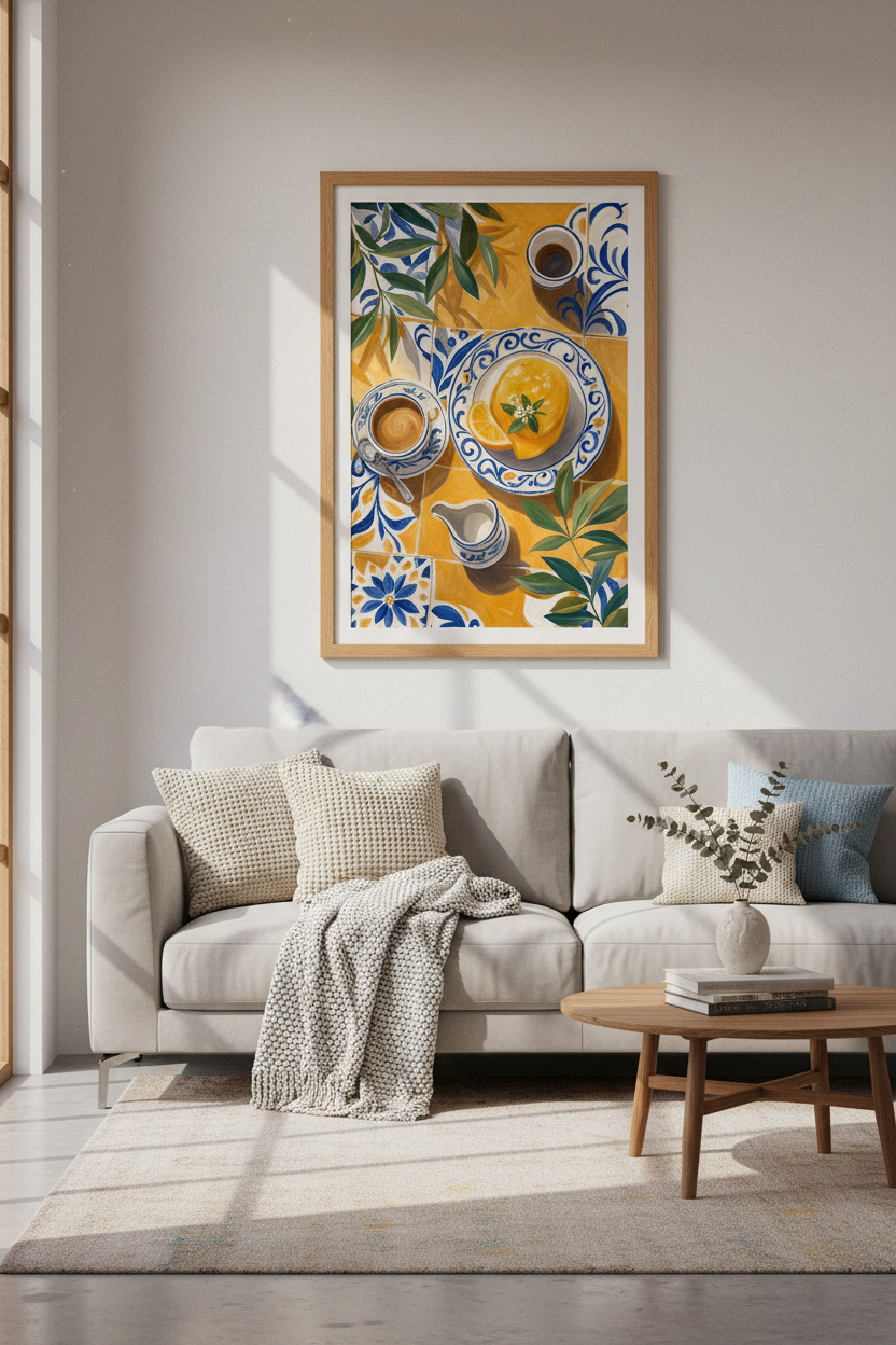 Mediterranean Lemon &amp; Coffee Wall Art Print | Kitchen Decor | Italian Still Life Poster