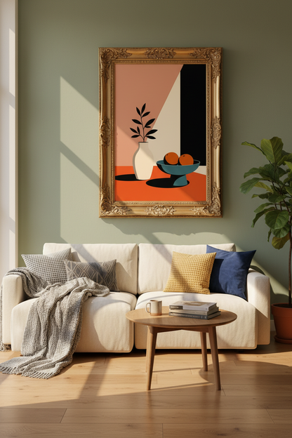 Minimalist still life poster | earthy tones, peach + teal, living room decor
