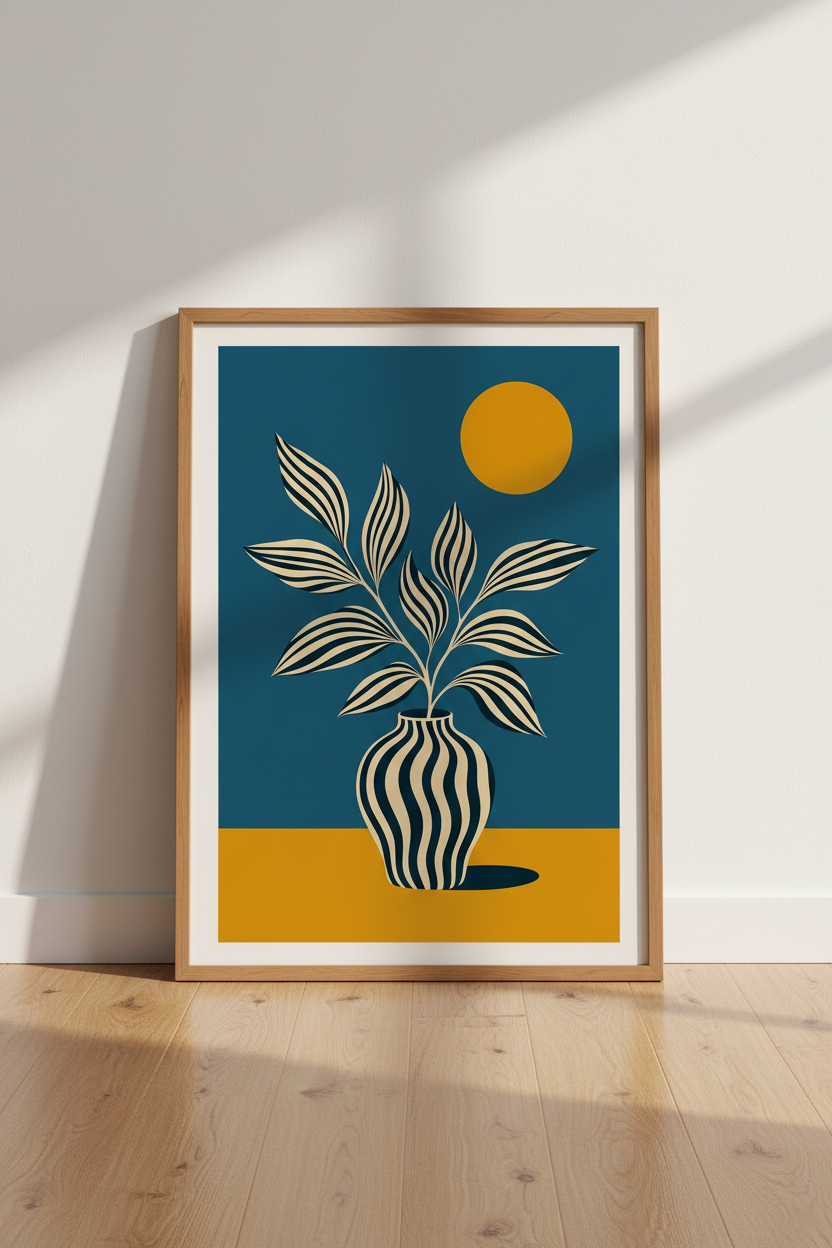 Modern Botanical Vase Wall Art Print | Teal &amp; Gold Decor | Mid Century Poster