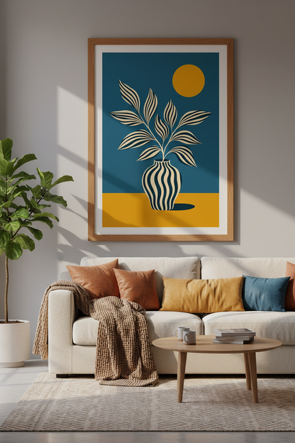 Modern Botanical Vase Wall Art Print | Teal &amp; Gold Decor | Mid Century Poster