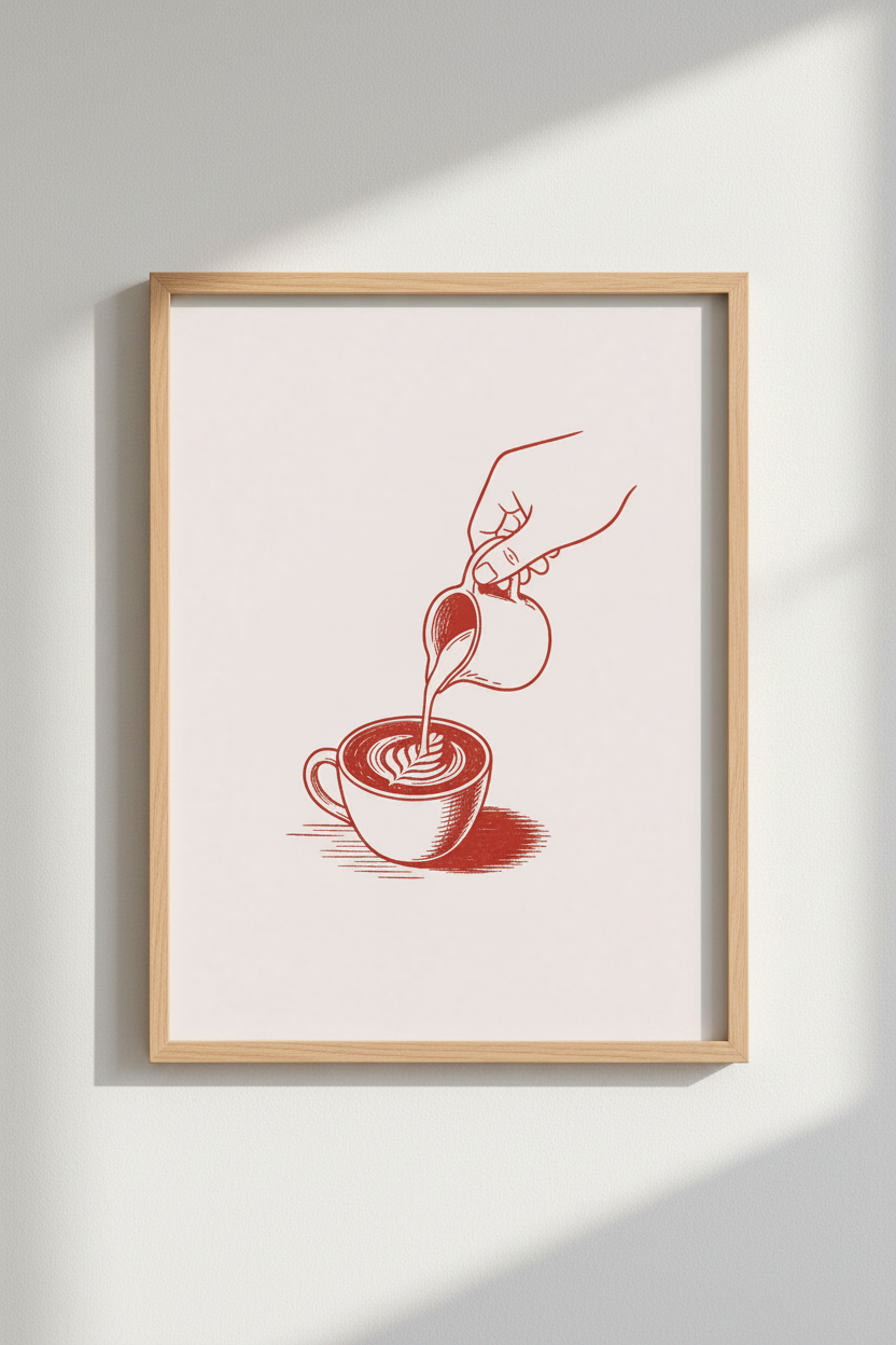 Coffee Latte Art Print | Minimalist Red Line Drawing, Kitchen &amp; Cafe Decor