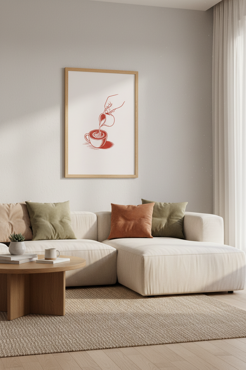 Coffee Latte Art Print | Minimalist Red Line Drawing, Kitchen &amp; Cafe Decor