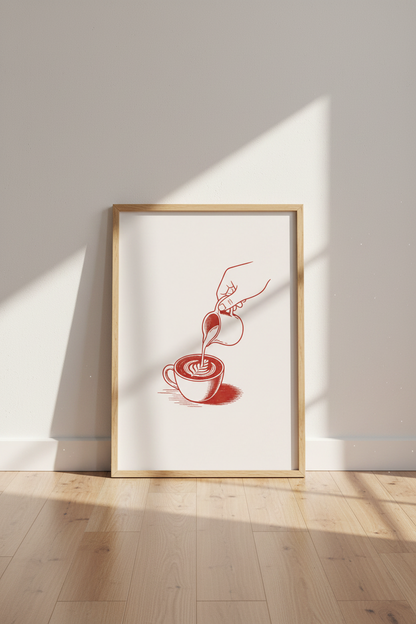 Coffee Latte Art Print | Minimalist Red Line Drawing, Kitchen &amp; Cafe Decor