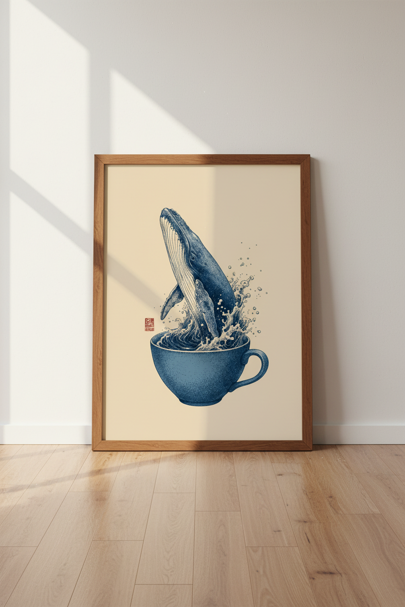 Whale in Teacup Wall Art Print | Coastal Kitchen Decor | Surreal Navy Poster