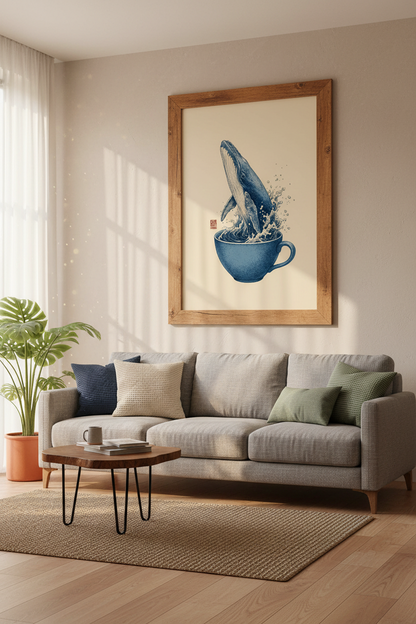 Whale in Teacup Wall Art Print | Coastal Kitchen Decor | Surreal Navy Poster