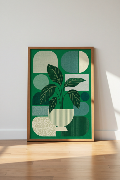 Abstract Botanical Plant Art | Emerald Green Geometric, Mid-Century Modern Wall Art Print